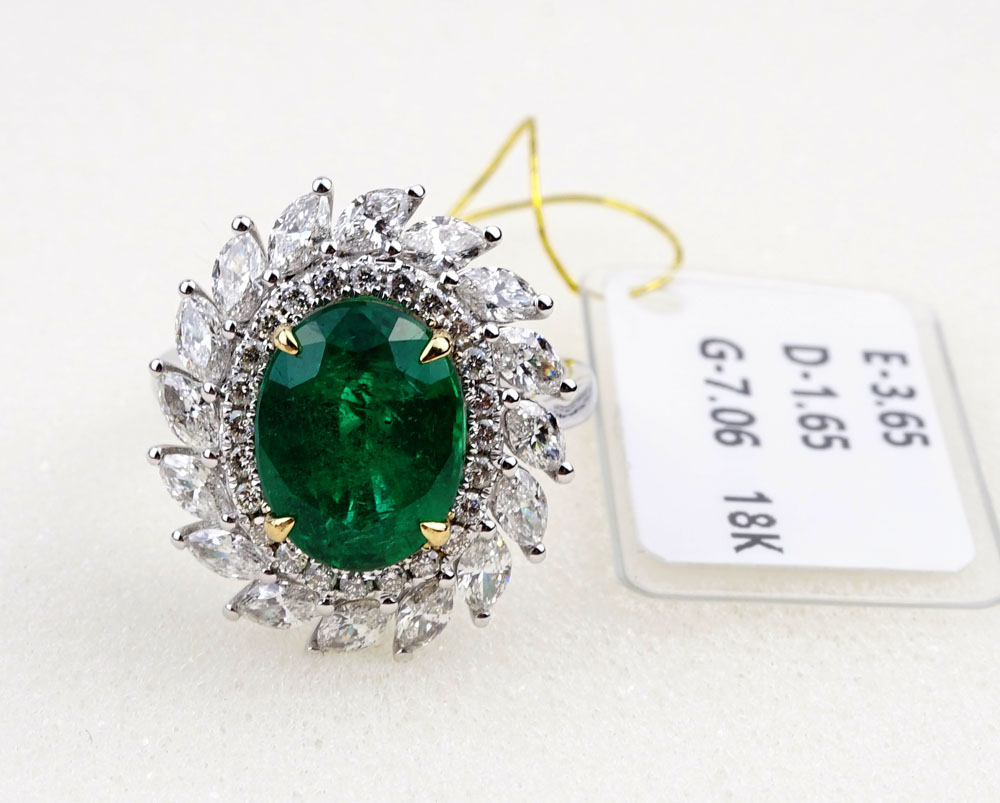 【特价】顶级赞比亚祖母绿宝石美钻黄/白金戒指NJH2066 E3.65