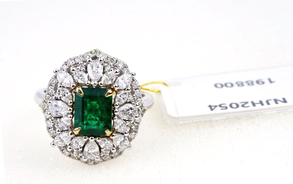 【特价】顶级赞比亚祖母绿宝石美钻黄/白金戒指NJH2054 E1.10