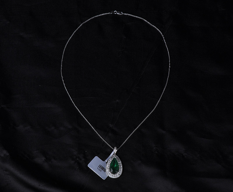 6.7CT赞比亚祖母绿宝石白金镶钻项链吊坠Y205