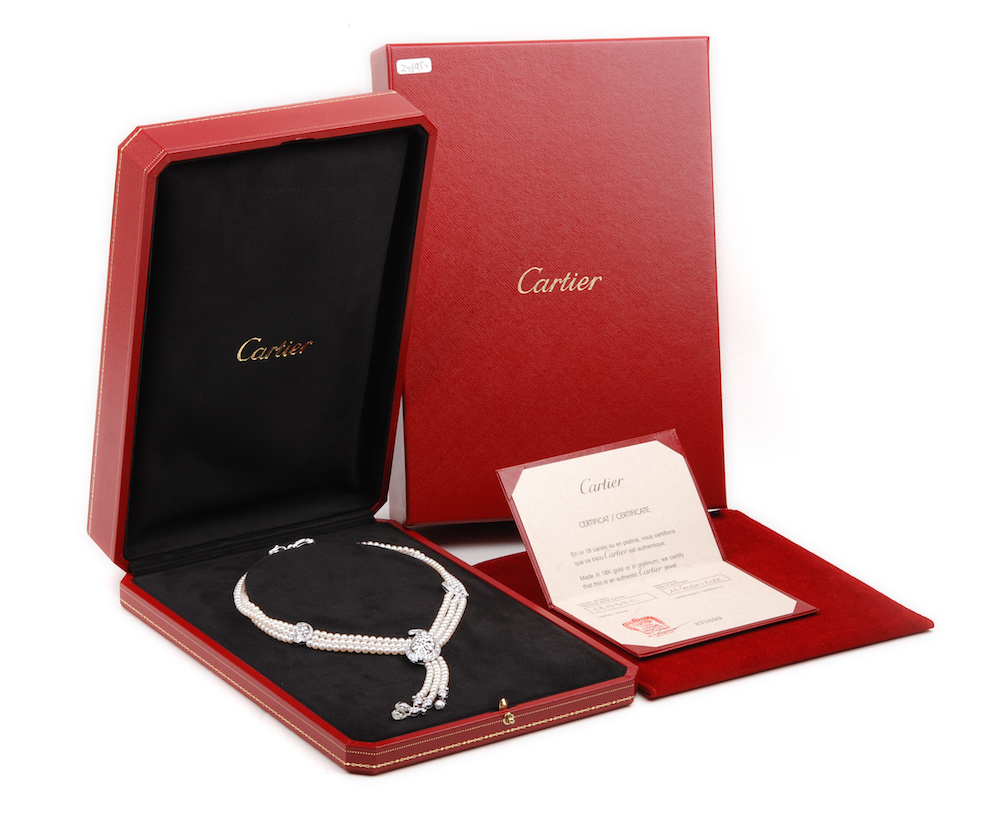 卡地亚Cartier高端珠宝系列珍珠流苏白金满钻项链jp25695